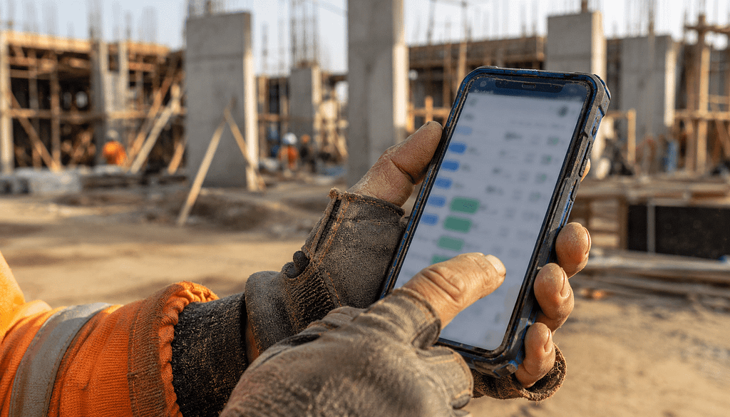 Celular protegido con funda resistente en obra de construcción